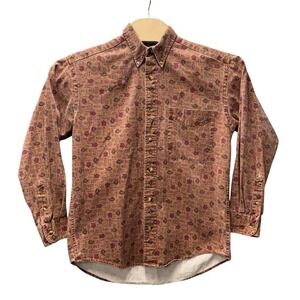 Madison Trader Mens Medium Washed Cotton Denim Tribal Print Button Down Shirt